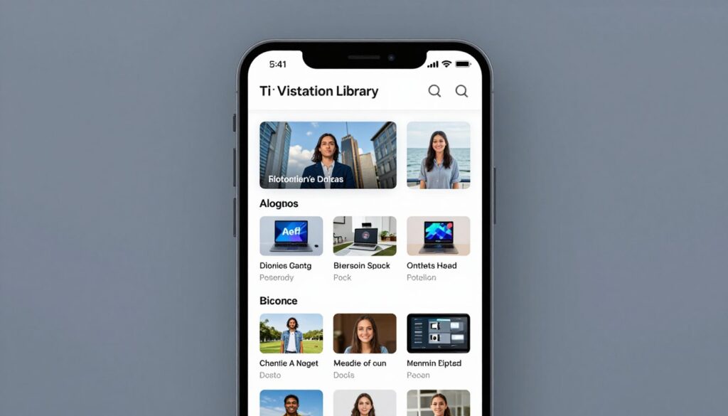 Generate an image of the TiVistation content library on a mobile device, showcasing its diverse offerings.