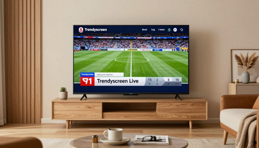 Generate an image of the Trendyscreen live sports coverage on a smart TV, showcasing its high-quality streaming.