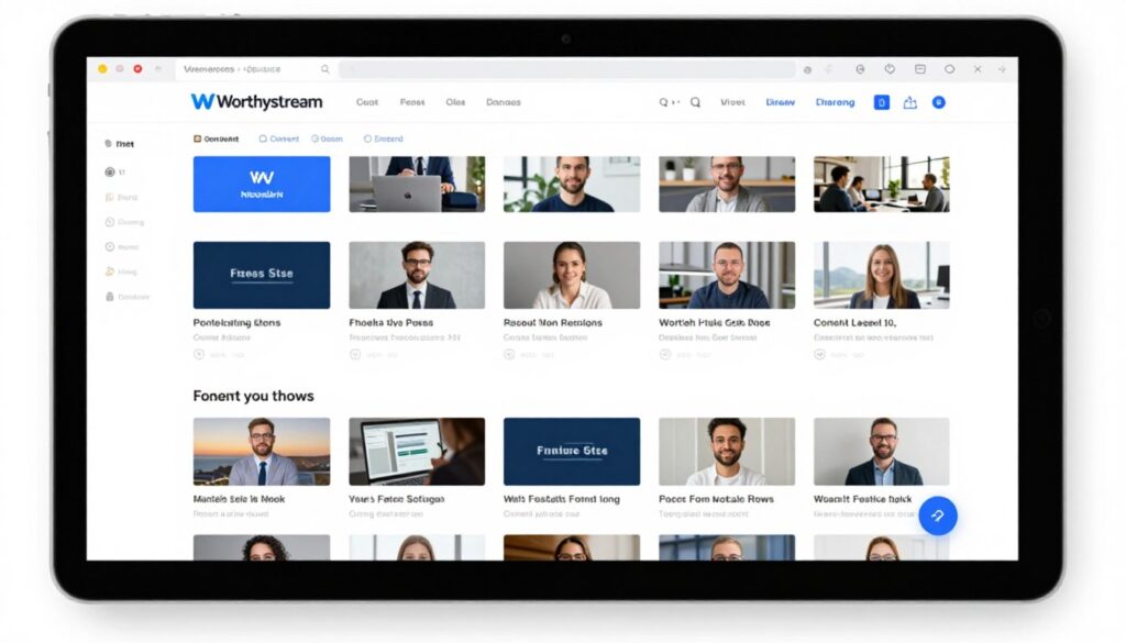 Generate an image of the Worthystream content library on a computer, showcasing its diverse offerings.
