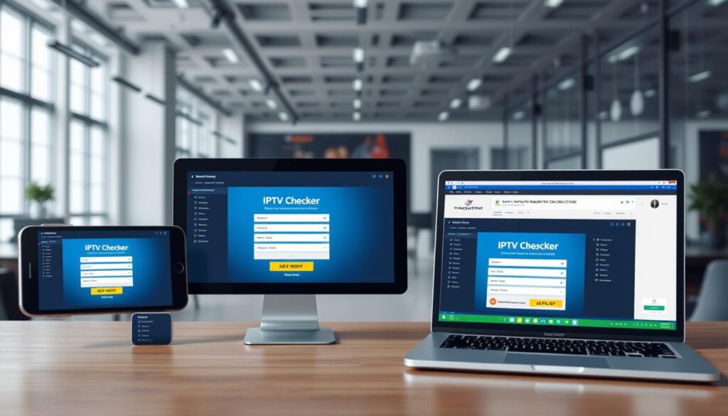Generate an image of various IPTV checker tools on different devices Generate an image of various IPTV checker tools on different devices