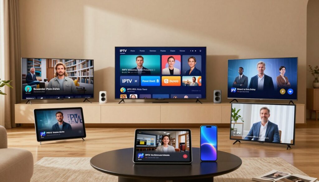 Generate an image of various IPTV players on different devices Generate an image of various IPTV players on different devices