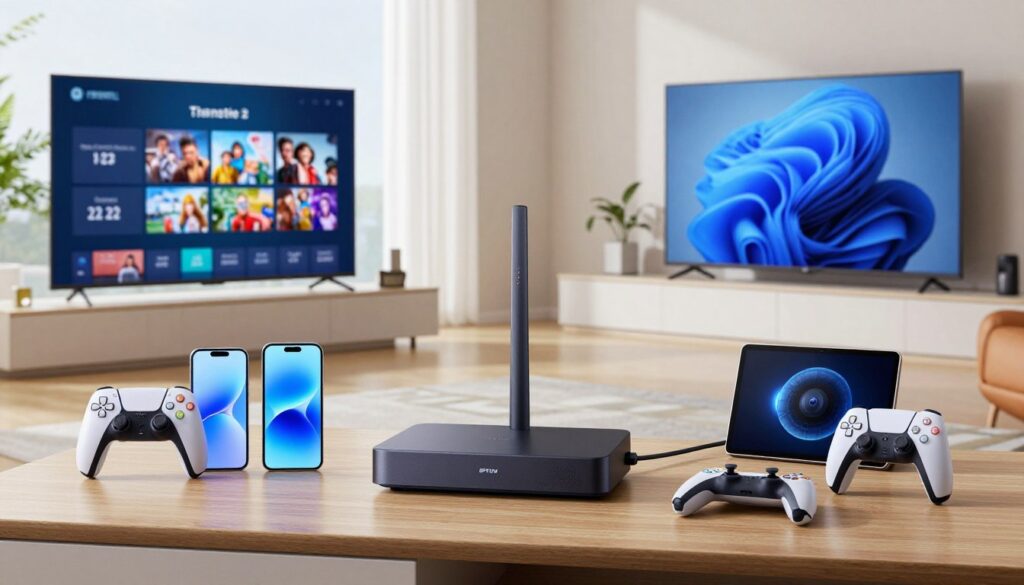 Generate an image of various devices such as smart TVs, smartphones, tablets, gaming consoles, and streaming devices connected to a central IPTV hub.