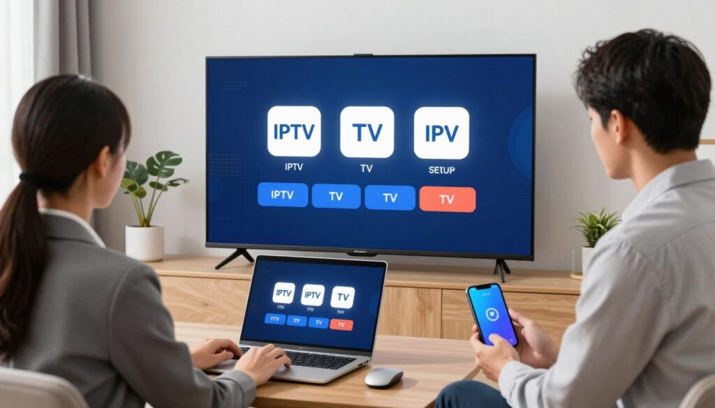 Generate an image representing the IPTV TV toTV setup process on various devices.