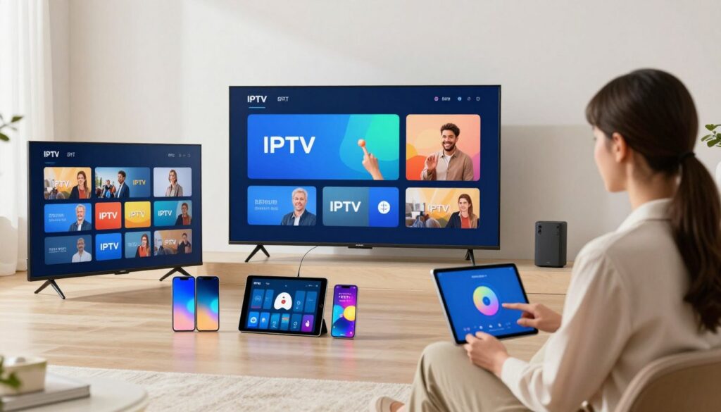 Image of various devices connected to an IPTV service