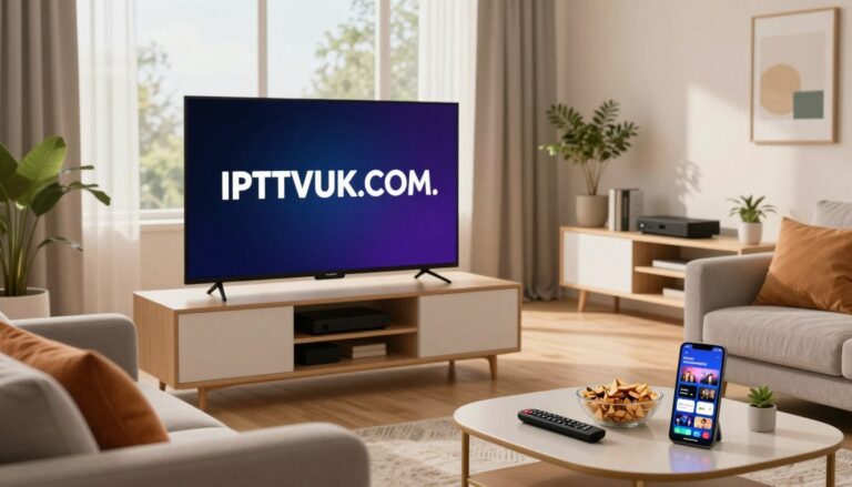 In a modern, stylish living room setting, the foreground features a sleek flat-screen TV displaying the logo "IPTVVUK.COM," surrounded by a cozy couch adorned with colorful pillows. To the right, a coffee table is equipped with a remote control, snacks, and a smartphone showcasing various streaming apps. The middle ground includes a well-lit entertainment unit filled with streaming devices and decorative plants, enhancing the ambiance. In the background, large windows let in soft, natural light, illuminating the space with a warm, inviting glow. The scene captures a sense of comfort and modernity, invoking feelings of relaxation and anticipation for premium content. The overall mood is one of excitement and ease, emphasizing the joys of IPTV premium streaming services.