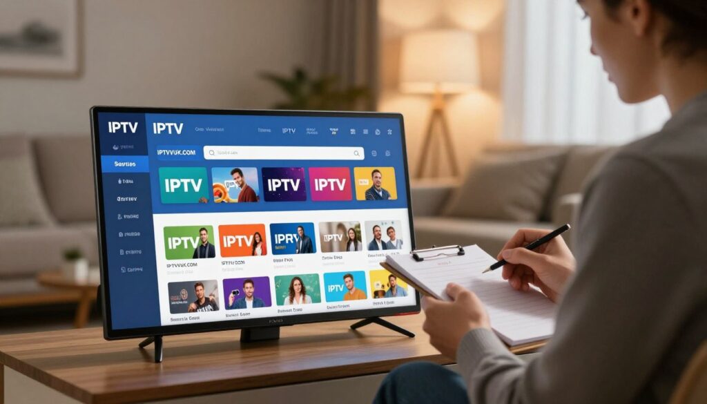 A detailed comparison of IPTV services displayed on a sleek modern device, such as a tablet or smart TV, positioned prominently in the foreground. The device screen showcases a vibrant graphical interface with icons representing different IPTV services like IPTVVUK.COM, each accompanied by symbols for pricing and features. In the middle ground, a professional, well-dressed individual is analyzing the services, using a notepad for comparisons, creating an engaging yet serious atmosphere. The background features blurred outlines of a stylish living room, softly lit by warm ambient lighting, emphasizing a cozy yet sophisticated environment. The overall mood is analytical and inviting, encouraging viewers to consider their IPTV options. A detailed comparison of IPTV services displayed on a sleek modern device, such as a tablet or smart TV, positioned prominently in the foreground. The device screen showcases a vibrant graphical interface with icons representing different IPTV services like IPTVVUK.COM, each accompanied by symbols for pricing and features. In the middle ground, a professional, well-dressed individual is analyzing the services, using a notepad for comparisons, creating an engaging yet serious atmosphere. The background features blurred outlines of a stylish living room, softly lit by warm ambient lighting, emphasizing a cozy yet sophisticated environment. The overall mood is analytical and inviting, encouraging viewers to consider their IPTV options.