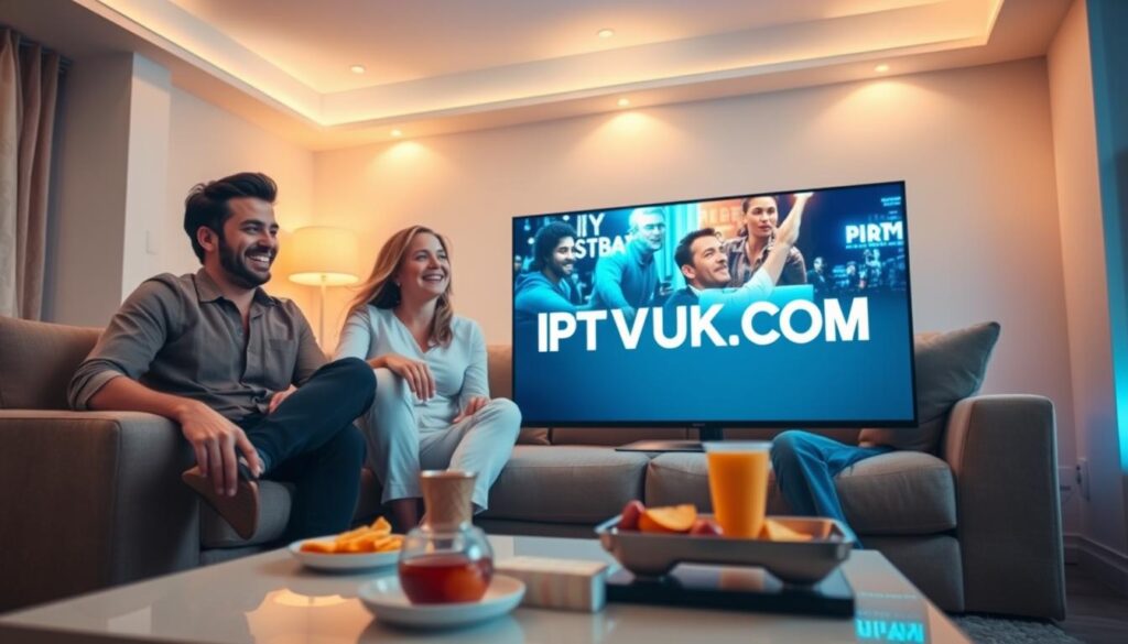 A dynamic living room scene showcasing a diverse group of people (two males and two females) sitting on a comfortable couch, closely engaged in watching IPTV content on a large flat-screen TV. They exhibit expressions of joy and excitement, reflecting user satisfaction with the IPTV service. The foreground features a modern coffee table with snacks and drinks, enhancing a casual viewing atmosphere. In the middle ground, the bright, vivid colors of the TV display highlight engaging IPTV shows or movies. The background shows soft, warm lighting fixtures casting a cozy glow throughout the room. The overall mood is lively and inviting, encapsulating a positive viewing experience with IPTVVUK.COM prominently displayed on the TV screen.