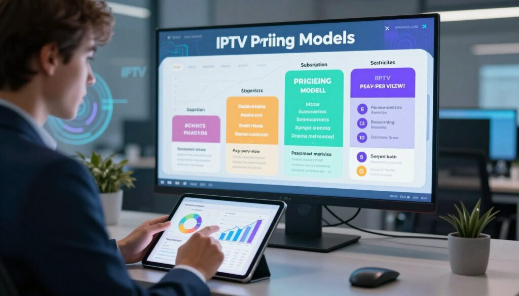 A modern, informative illustration depicting IPTV pricing models. In the foreground, a professional businessperson in smart attire analyzing financial graphs and charts on a tablet, representing various pricing models like subscription, pay-per-view, and ad-supported services. In the middle ground, a visually engaging display of colorful charts and infographics about IPTV services, highlighting different pricing tiers and features, all with a digital tech aesthetic. The background features a sleek office environment with abstract technology motifs, illuminated by soft, ambient lighting to create a sophisticated atmosphere. The scene conveys a sense of clarity and expertise, perfect for explaining complex IPTV pricing structures. Include the brand name "IPTVVUK.COM" subtly within the design. A modern, informative illustration depicting IPTV pricing models. In the foreground, a professional businessperson in smart attire analyzing financial graphs and charts on a tablet, representing various pricing models like subscription, pay-per-view, and ad-supported services. In the middle ground, a visually engaging display of colorful charts and infographics about IPTV services, highlighting different pricing tiers and features, all with a digital tech aesthetic. The background features a sleek office environment with abstract technology motifs, illuminated by soft, ambient lighting to create a sophisticated atmosphere. The scene conveys a sense of clarity and expertise, perfect for explaining complex IPTV pricing structures. Include the brand name "IPTVVUK.COM" subtly within the design.