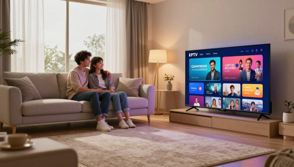 A modern living room setup showcasing a family enjoying IPTV streaming. In the foreground, a sleek, large flat-screen TV emits vibrant colors, displaying a high-definition streaming interface with various options. The middle layer features a comfortable sofa, with a young couple dressed in modest casual clothing, engaged and smiling as they explore content on the screen. Surrounding the room are subtle decorations, like ambient lighting and a cozy rug that add warmth to the atmosphere. In the background, large windows let in soft, natural light, enhancing the inviting ambiance. Make sure the branding "IPTVVUK.COM" is subtly integrated into the design of the TV screen, conveying a sense of innovative technology and entertainment. The overall mood is one of relaxation and enjoyment, emphasizing the quality of IPTV streaming. A modern living room setup showcasing a family enjoying IPTV streaming. In the foreground, a sleek, large flat-screen TV emits vibrant colors, displaying a high-definition streaming interface with various options. The middle layer features a comfortable sofa, with a young couple dressed in modest casual clothing, engaged and smiling as they explore content on the screen. Surrounding the room are subtle decorations, like ambient lighting and a cozy rug that add warmth to the atmosphere. In the background, large windows let in soft, natural light, enhancing the inviting ambiance. Make sure the branding "IPTVVUK.COM" is subtly integrated into the design of the TV screen, conveying a sense of innovative technology and entertainment. The overall mood is one of relaxation and enjoyment, emphasizing the quality of IPTV streaming.