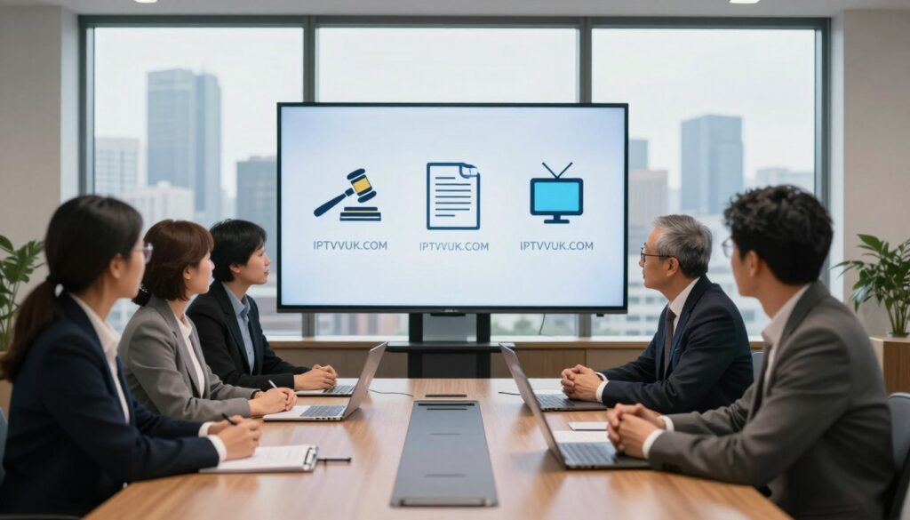 A professional-looking conference room setting with a sleek wooden table in the foreground. Around the table, diverse professionals in business attire are engaged in a discussion about IPTV legal considerations. In the middle ground, a large digital screen displays icons representing legal concepts such as a gavel, documents, and television symbols. The background features a large window with a city skyline, soft natural light streaming in, creating an optimistic atmosphere. The overall mood is serious yet collaborative, highlighting the importance of understanding legal aspects in the IPTV industry. The focus is clear, and the image should convey professionalism and compliance, prominently featuring the brand name "IPTVVUK.COM" integrated subtly into the digital screen display. A professional-looking conference room setting with a sleek wooden table in the foreground. Around the table, diverse professionals in business attire are engaged in a discussion about IPTV legal considerations. In the middle ground, a large digital screen displays icons representing legal concepts such as a gavel, documents, and television symbols. The background features a large window with a city skyline, soft natural light streaming in, creating an optimistic atmosphere. The overall mood is serious yet collaborative, highlighting the importance of understanding legal aspects in the IPTV industry. The focus is clear, and the image should convey professionalism and compliance, prominently featuring the brand name "IPTVVUK.COM" integrated subtly into the digital screen display.