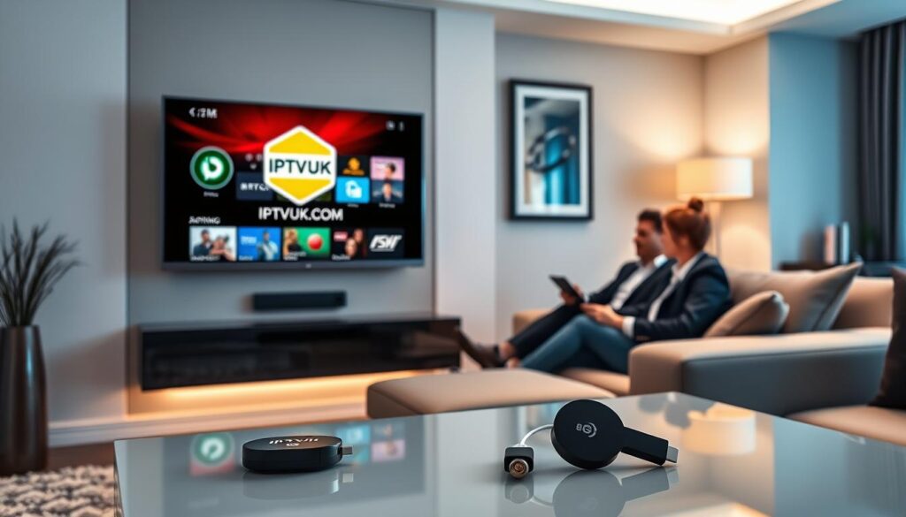 A sleek, modern living room scene showcasing a wall-mounted smart TV displaying various streaming apps, including the logo for IPTVVUK.COM prominently featured on the screen. In the foreground, a stylish coffee table with a Chromecast device beside a remote control. The middle ground features a comfortable sofa with a couple of people in professional attire, deeply engaged in a streaming experience. Soft, ambient lighting creates a cozy atmosphere, highlighting the technological integration within the space. The background shows elegant decor, blending contemporary design with a hint of technology, emphasizing the advanced features of IPTV Extreme. The image should capture a sense of warmth, modernity, and convenience in home entertainment.