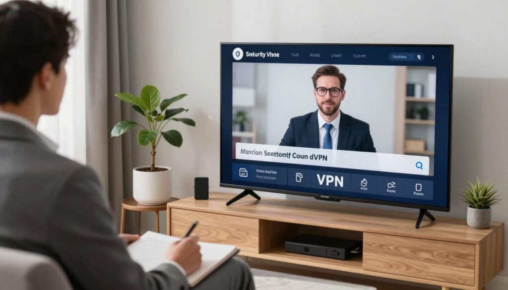 An image of a person streaming content on a TV with a VPN connection An image of a person streaming content on a TV with a VPN connection
