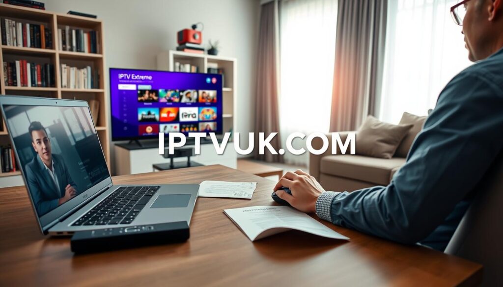 An inviting home office scene designed to illustrate the setup of an IPTV Extreme playlist. In the foreground, a sleek laptop is open, displaying the IPTV Extreme interface, showcasing vibrant channel thumbnails. A person dressed in professional casual attire is seated comfortably, attentively navigating the setup process with a wireless mouse. In the middle, a modern desk holds a smartphone and an IPTV remote control, while a user manual lies next to them, partially open, emphasizing the ease of setup. The background features a cozy bookshelf filled with tech books and a large window allowing soft, natural light to fill the space, creating a warm atmosphere. "IPTVVUK.COM" is subtly integrated as a digital watermark within the interface. The overall mood is productive and tech-savvy, inviting viewers to explore IPTV streaming.