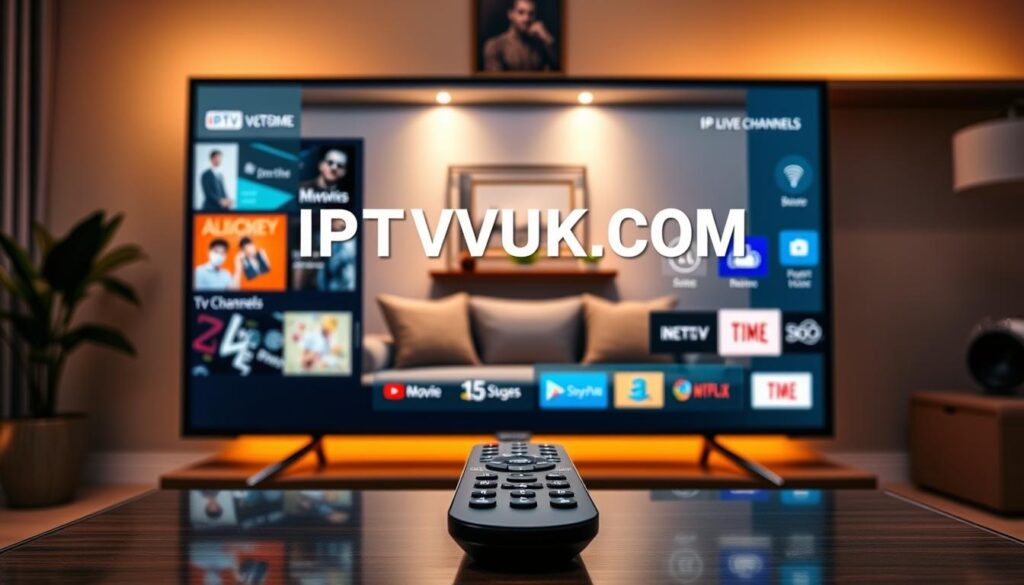Detailed user interface of the IPTV Extreme application displayed on a modern smart TV screen, showcasing vibrant and organized icons for various streaming categories like Movies, TV Shows, and Live Channels. In the foreground, a sleek remote control rests on a stylish coffee table, with a cozy living room setting featuring warm lighting. In the middle, a stylish sofa adds to the inviting atmosphere, while a decorative shelf in the background subtly frames a few decorative plants. The room is illuminated with soft, ambient lighting, creating a relaxed and inviting mood. Surrounding elements suggest a technology-savvy environment. "IPTVVUK.COM" appears prominently on the TV screen, enhancing the focus on IPTV Extreme's customization capabilities without any text overlays or distractions.