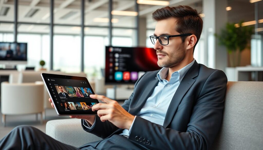 Generate an image of a person browsing through different IPTV playlists on their device.