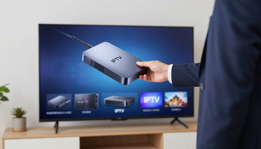 Generate an image of a person choosing an IPTV box from various options on a TV screen Generate an image of a person choosing an IPTV box from various options on a TV screen