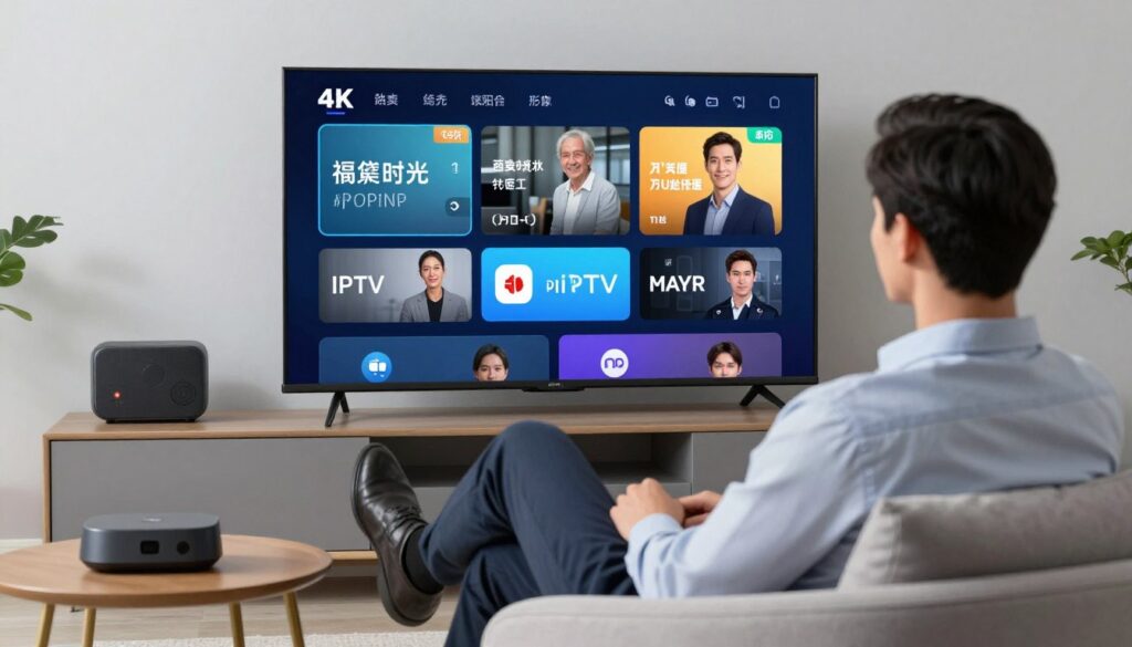 Generate an image of a person enjoying their favourite TV show on a 4K smart TV with multiple devices connected to the IPTV service. Generate an image of a person enjoying their favourite TV show on a 4K smart TV with multiple devices connected to the IPTV service.