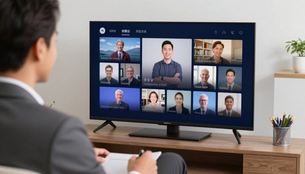 Generate an image of a person happily watching TV on a budget-friendly device with multiple channels displayed Generate an image of a person happily watching TV on a budget-friendly device with multiple channels displayed