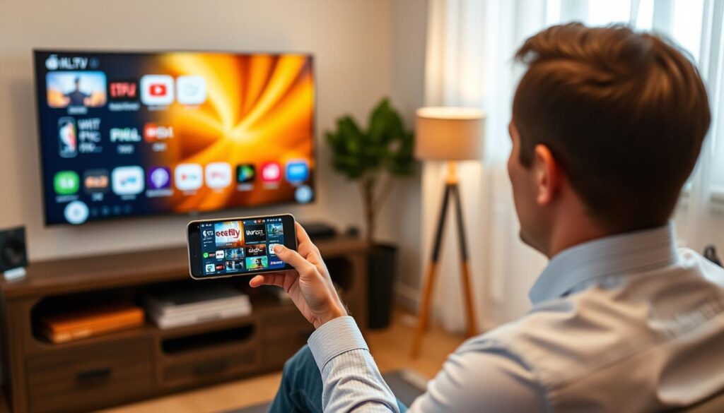 Generate an image of a person using IPTV Extreme on their smartphone to watch various TV channels.