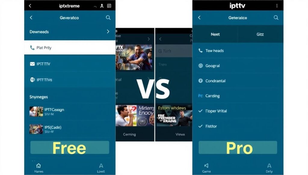 Generate an image of the IPTV Extreme app interface comparing free and Pro versions